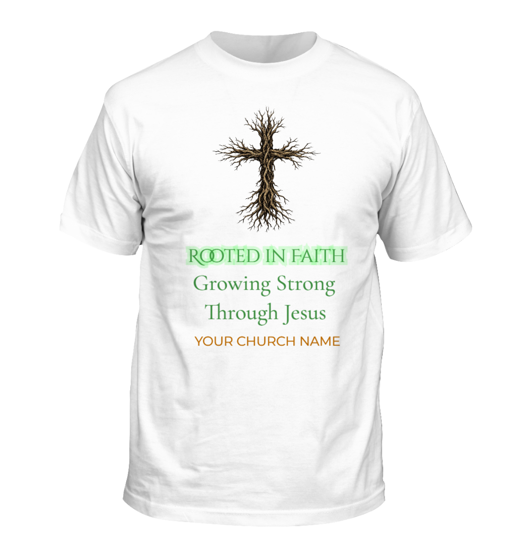 Rooted in Faith shirt with faith inspired graphic design from UMS Print